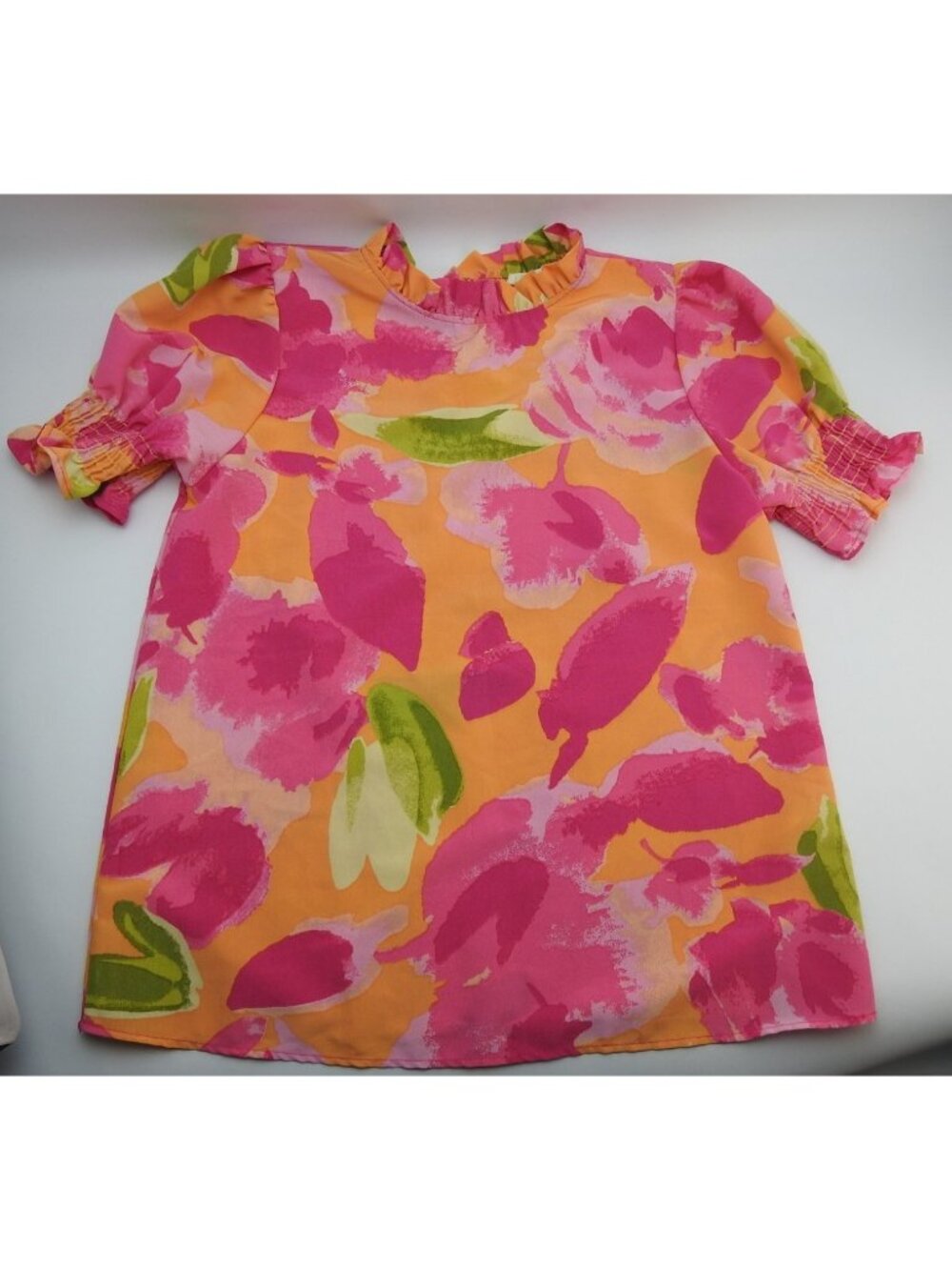 Les Amis Floral Blouse Medium Orange Pink Puff Sleeve Smocked Ruffle Top - Picture 10 of 10
